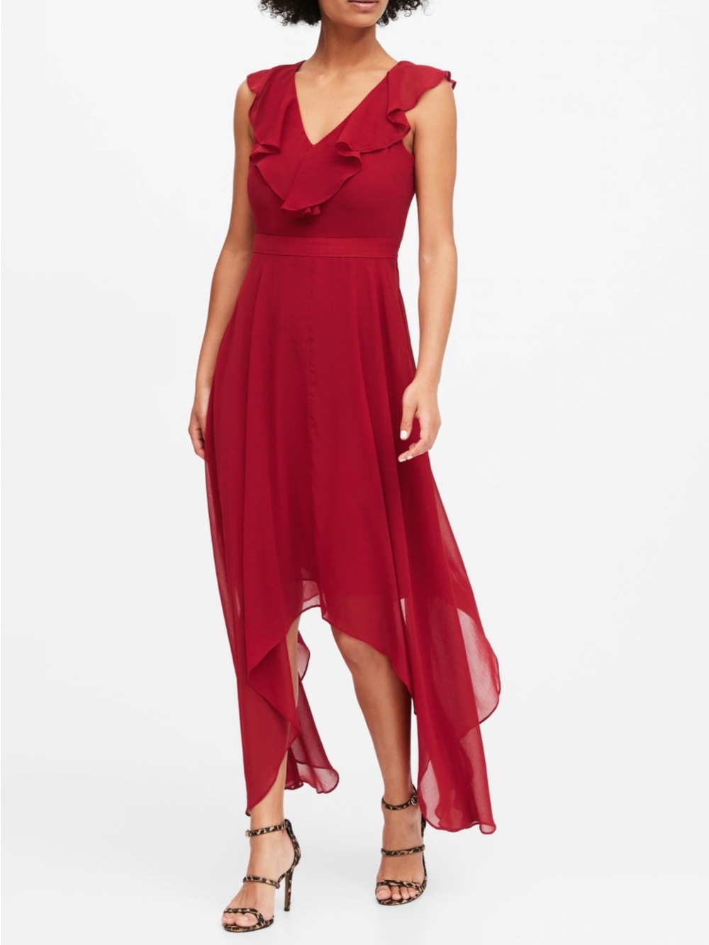 Banana Republic Red High-Low Ruffle V-Neck Dress